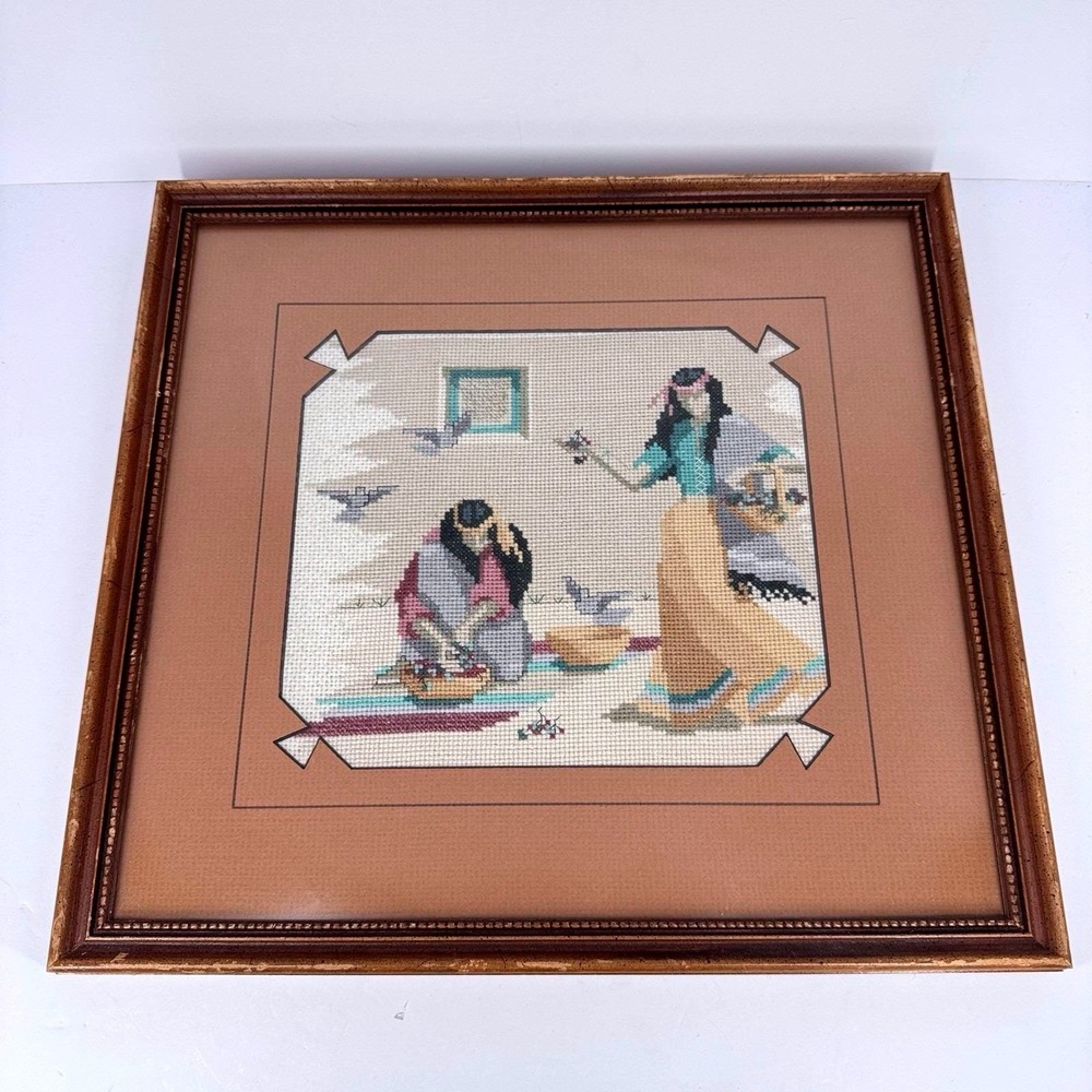 Framed Hand Stitched Needlepoint Southwest Scene Wall Art Brown Frame 14x15